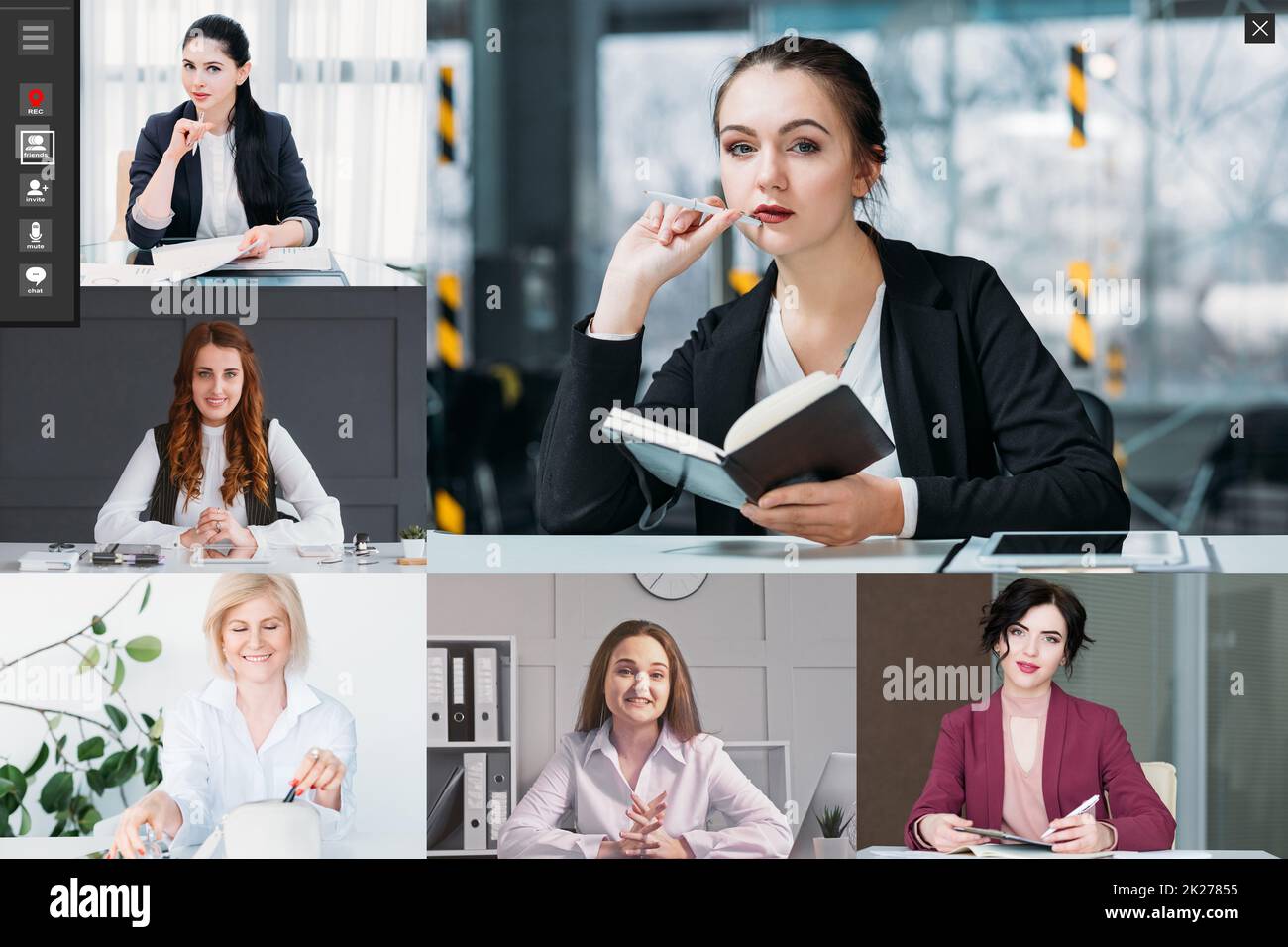 Video meeting. Business webinar. Professional telecommuting. Screenshot of confident female team discussing project online in virtual office. Stock Photo