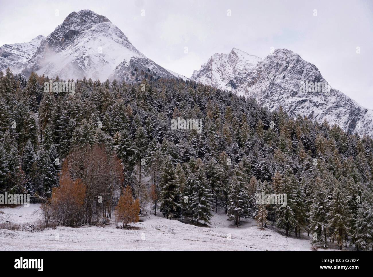 Snow covered landscape in autumn close to Tarasp Stock Photo