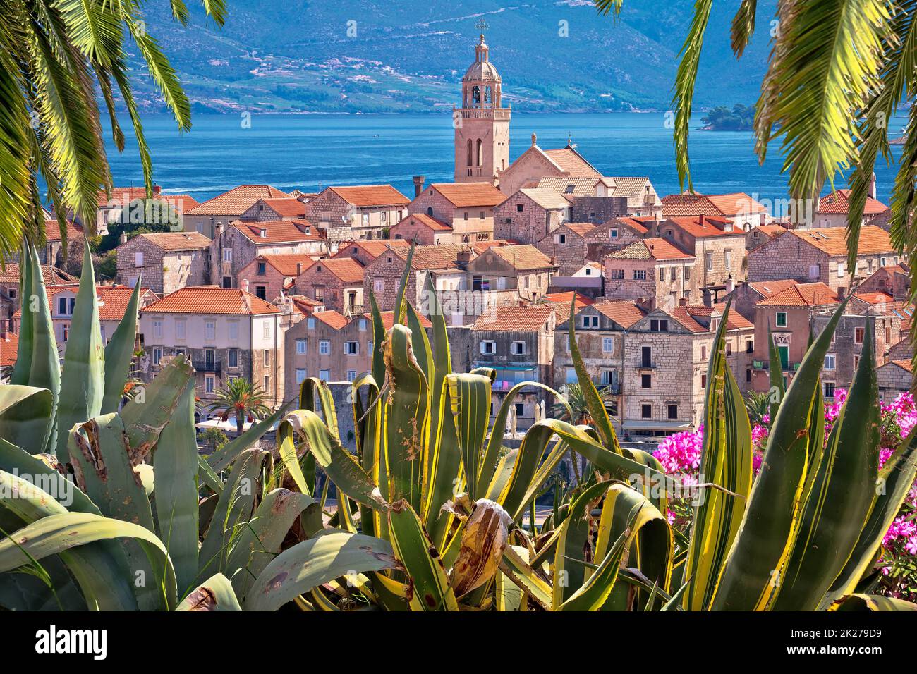 Historic town of Korcula panoramic view through natural frame Stock Photo