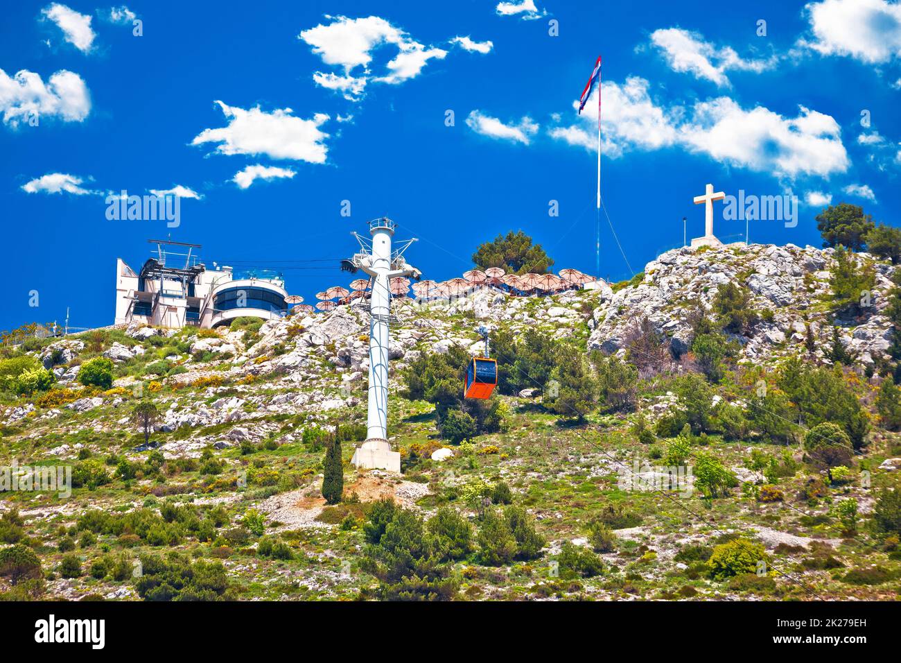 Dubrovnik Srd hill cable car view, scenic viewpoint above historic town of Dubrovnik Stock Photo
