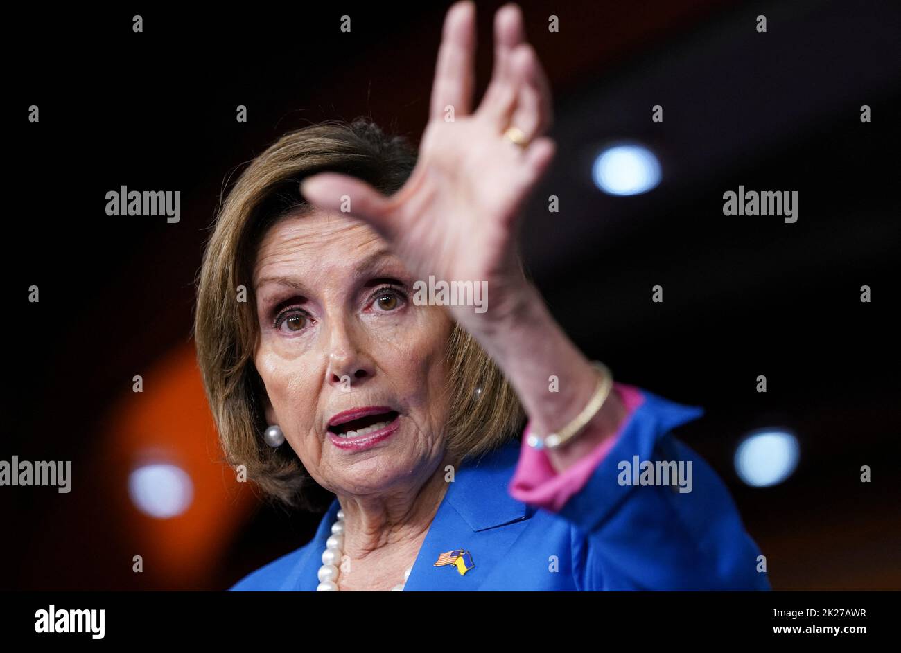 U.S. Speaker of the House Nancy Pelosi (D-CA) holds a press conference at the U.S. Capitol in Washington, U.S., September 22, 2022. REUTERS/Kevin Lamarque Stock Photo