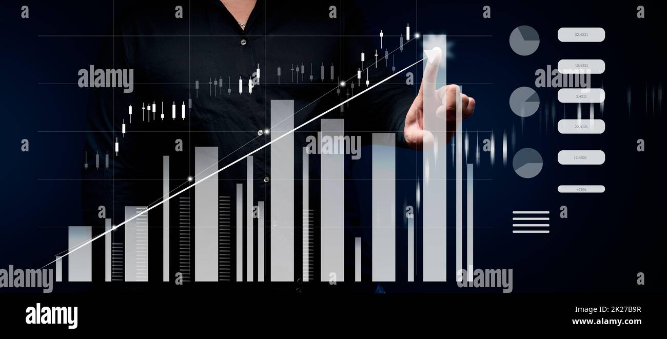 man in a black shirt stands in front of a holographic graph with ...