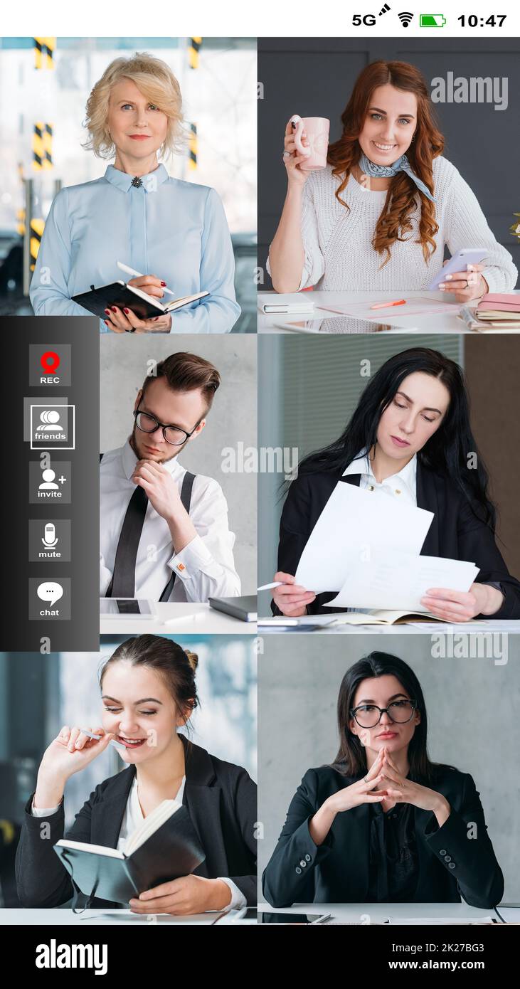 Mobile conference. Video chat. Professional telecommuting. Screenshot of business team working on project online in virtual office. Stock Photo