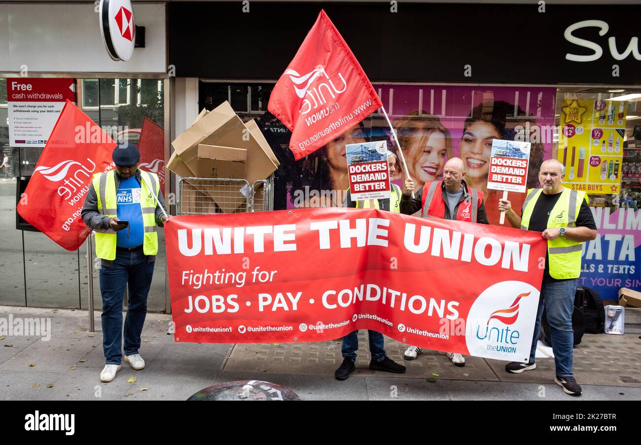 Felixstowe Dockers stage protest in Central London, Unit The Union, fighting for a pay rise and better conditions. England, UK, September 2022. Stock Photo