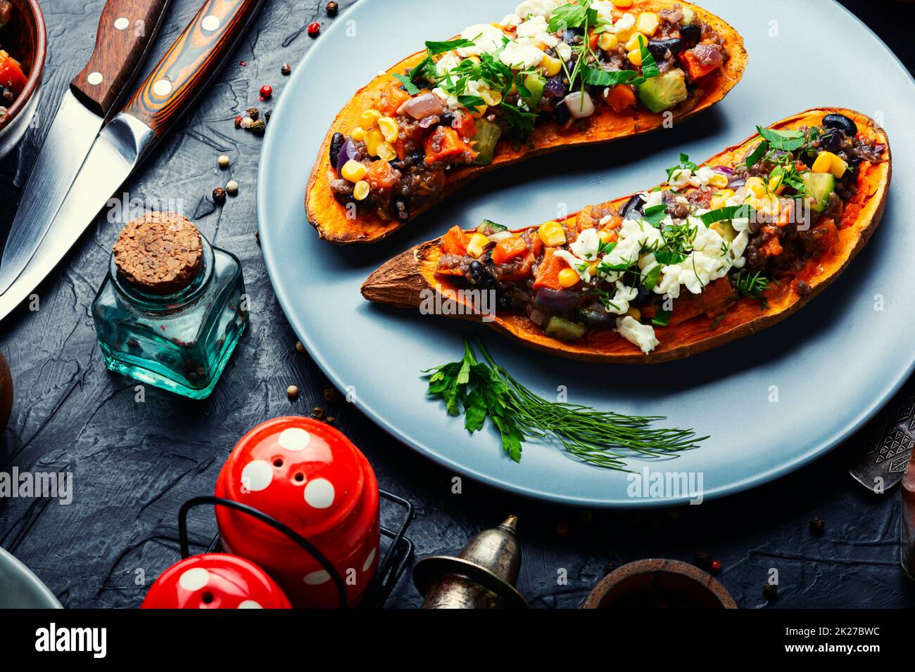 Sweet potato stuffed with vegetables and cottage cheese Stock Photo Alamy