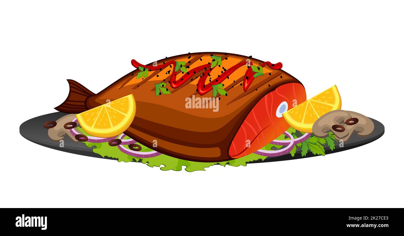 Realistic cooked red fish with lemon white background - Vector Stock Photo