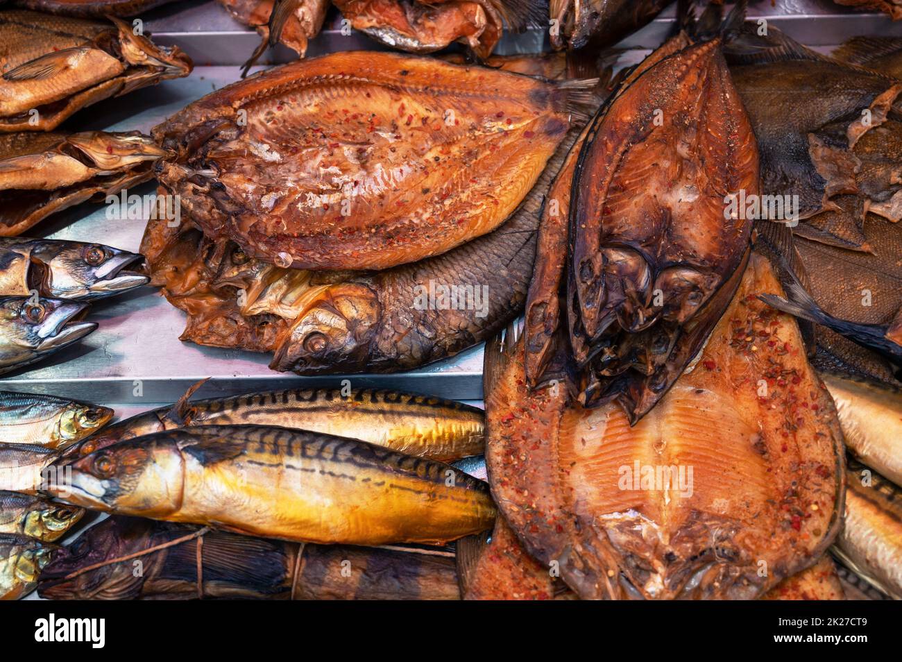 Various smoked fish products Stock Photo