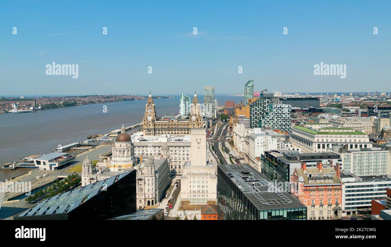 Flight over Pier Head in Liverpool - LIVERPOOL, UK - AUGUST 16, 2022 Stock Photo
