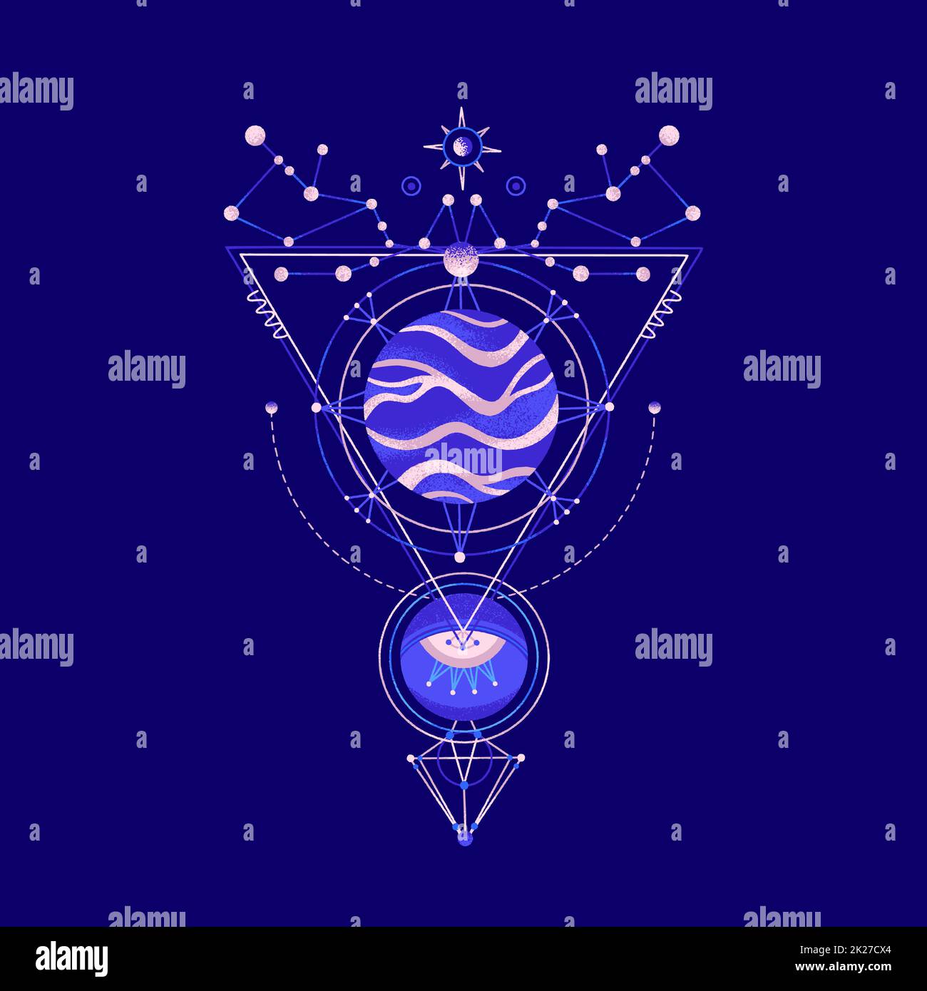 Mysterious space composition of triangles, stars. Vector
