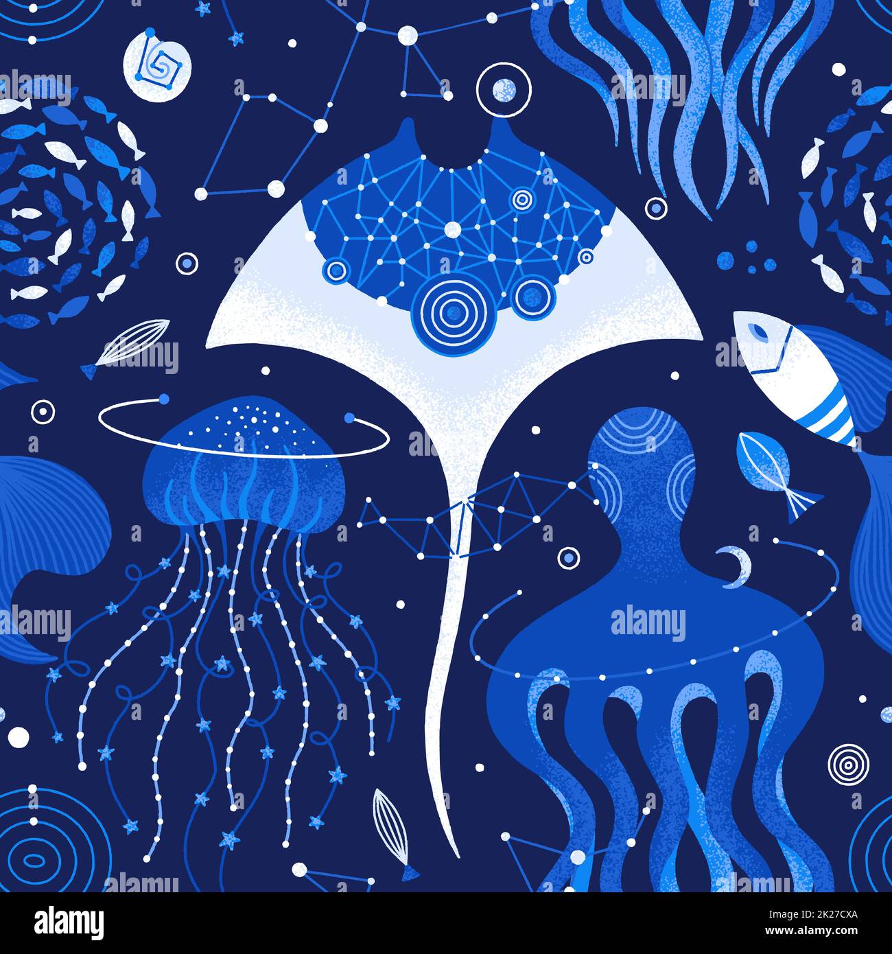 Vector seamless pattern of cosmic underwater life. Space background with sea animals Stock Photo