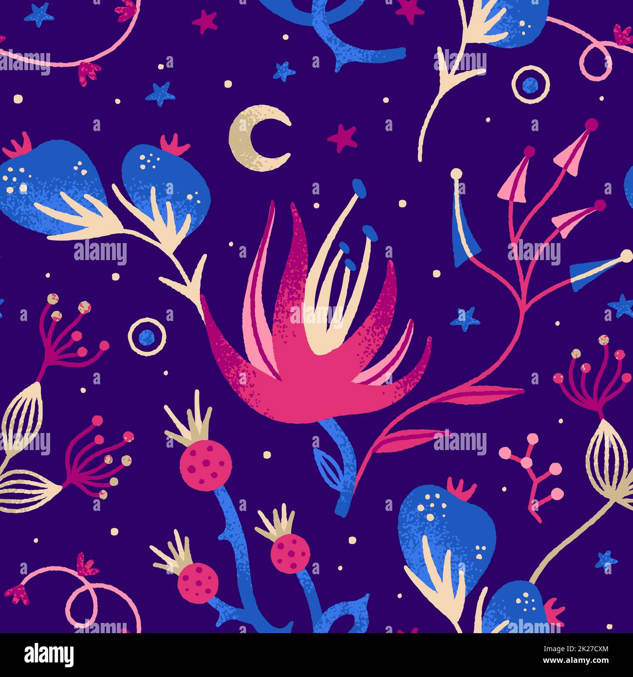 Vector floral seamless pattern. Mysterious night flowers. Repeat