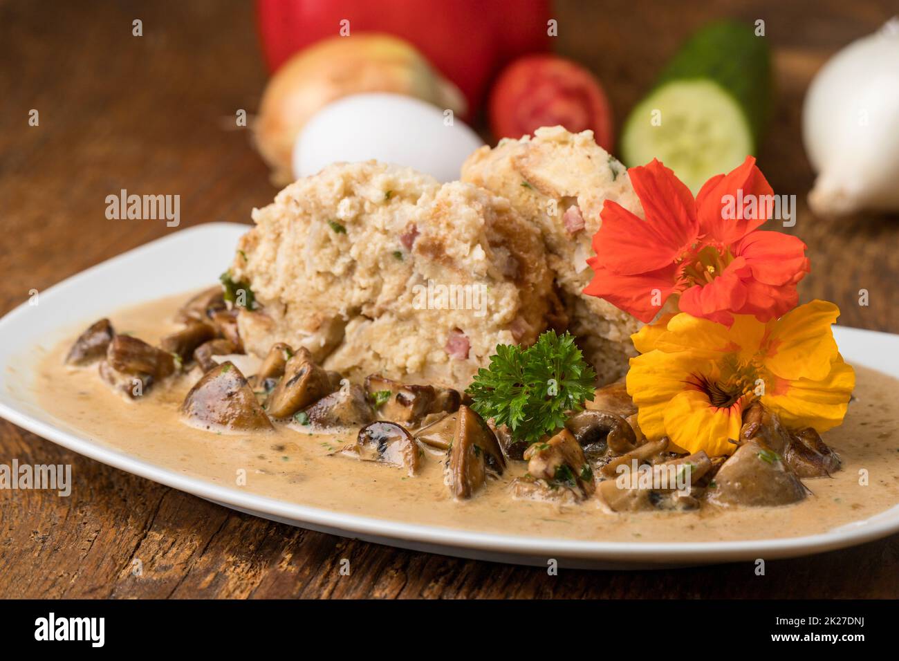 bavarian dumpling with mushroom sauce Stock Photo