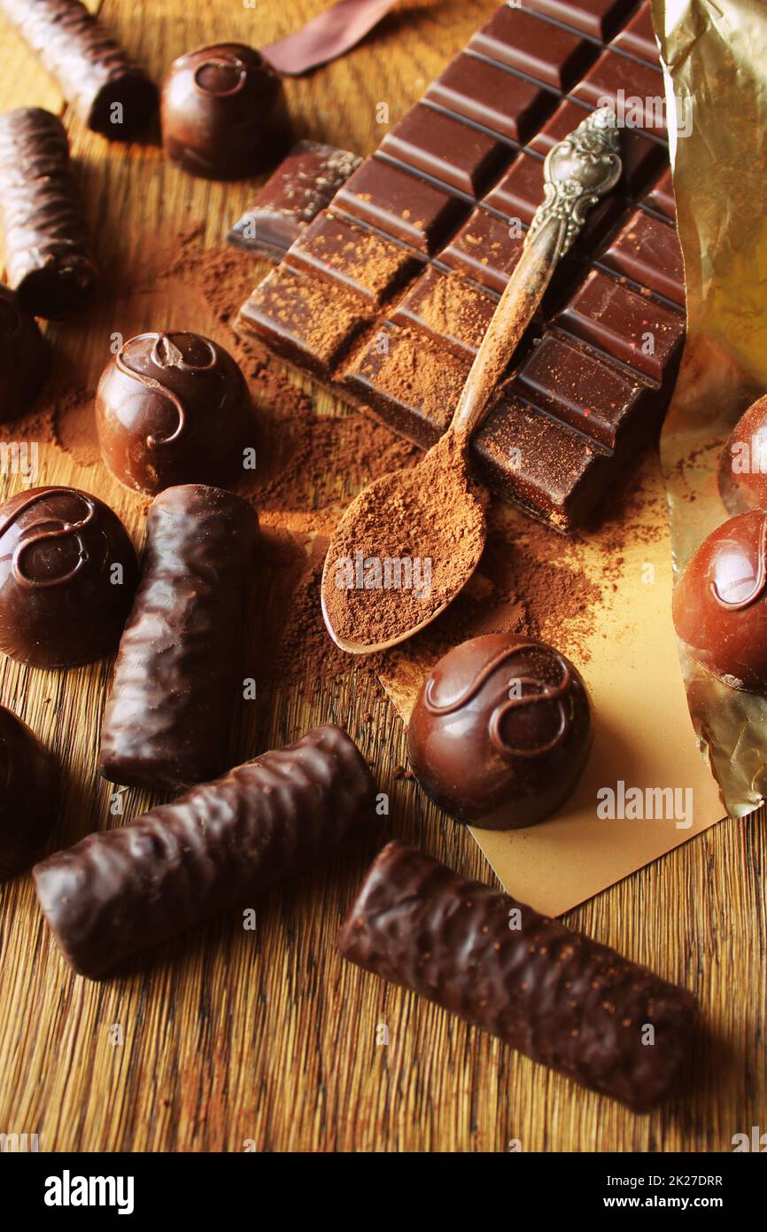 Dark chocolate, truffles and cocoa powder Stock Photo