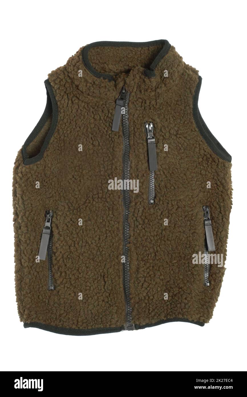 Fur vest. A olive-green fur vest with wool lining fabric and zipper for the little boy isolated on a white background. Child spring and autumn fashion. Stock Photo