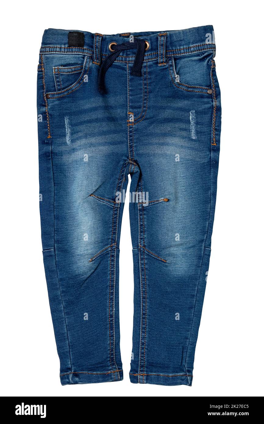 Blue jeans. Closeup of a trendy stylish dark blue denim pants or trousers for boys isolated on a white background. Clipping path. Kids summer and autumn fashion. Front view. Stock Photo