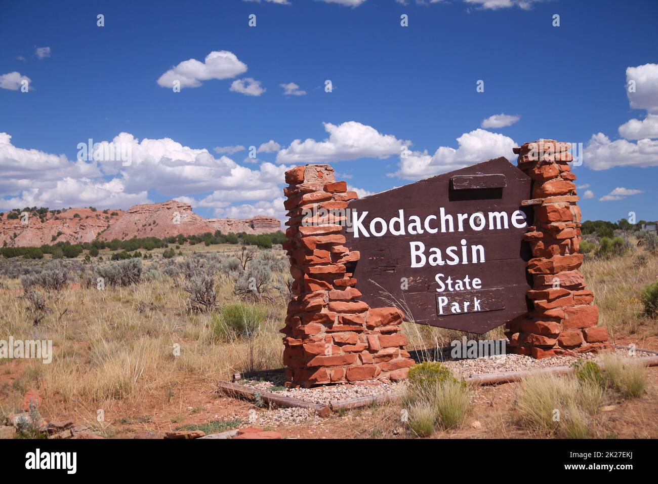 Traditional red rocks sign at the entrance of the Kodachrome Basin State Park Stock Photo