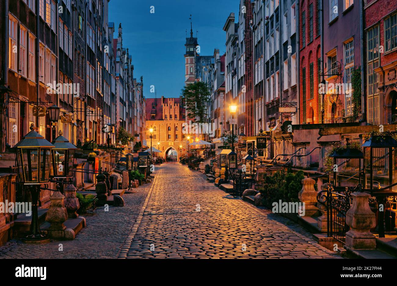 Poland - Dusk on famous Mariacka Street in Gdansk old town, Colorful Houses Stock Photo