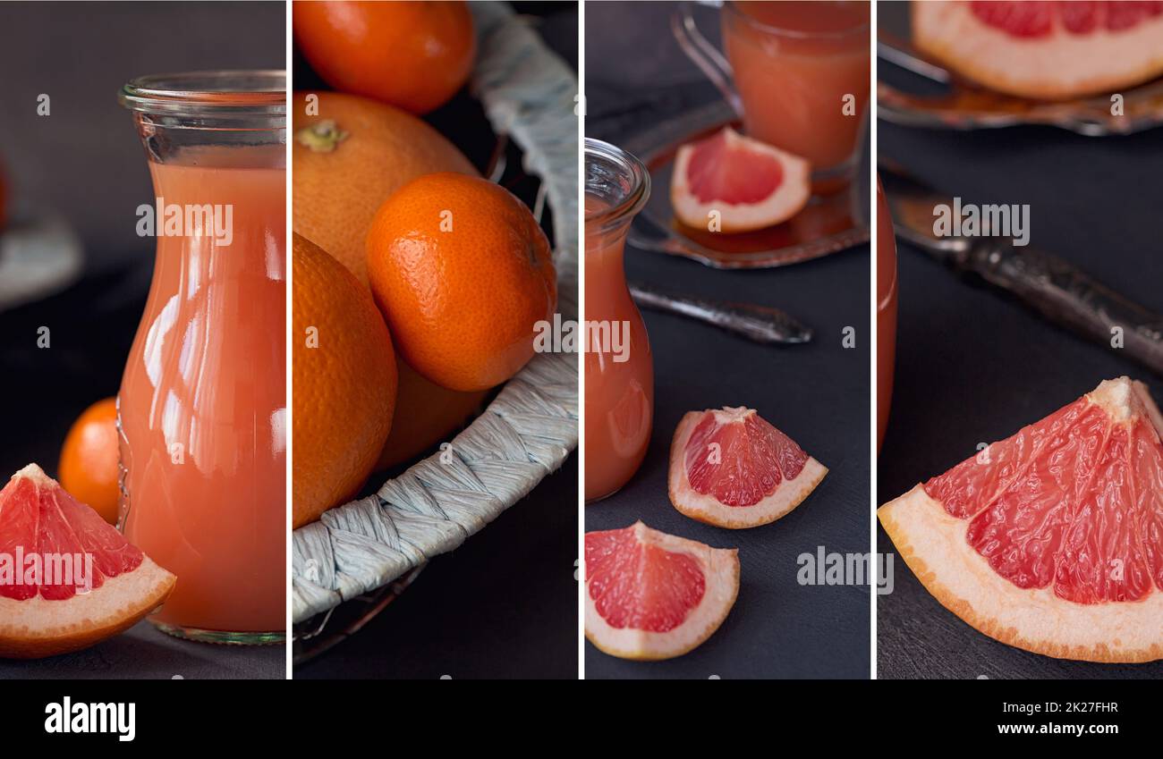 Collage of photo with fresh squeezed grapefruit juice with fresh citrus