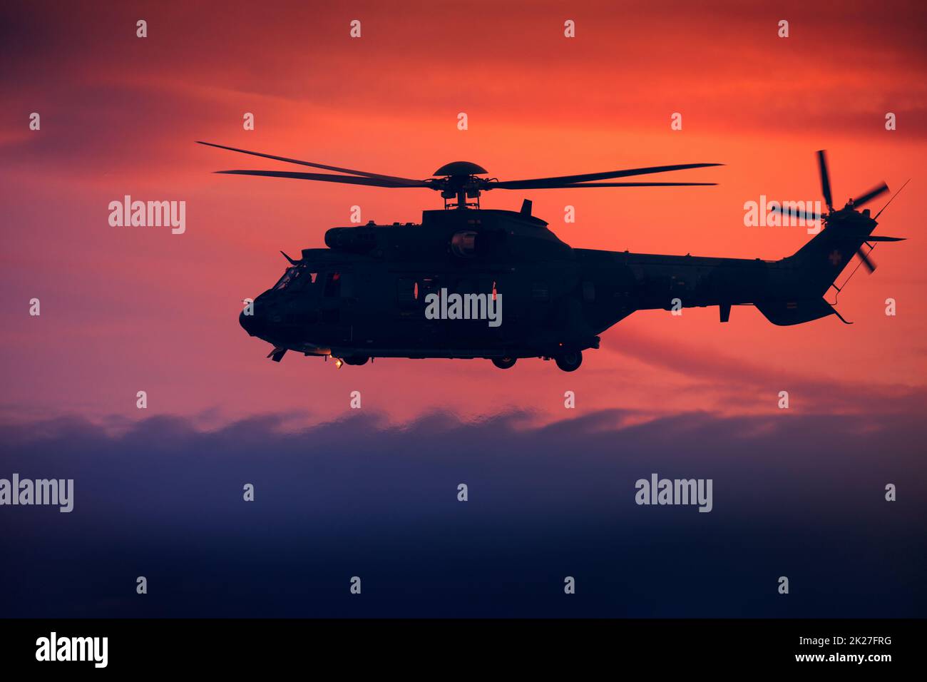 Rescue helicopter Puma sunset Leszno Antidotum Airshow Stock Photo