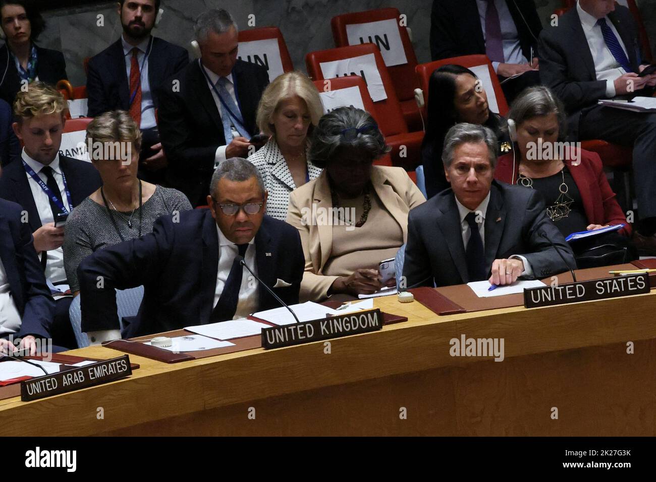 Britain's Foreign Secretary James Cleverly and U.S. Secretary of State Antony Blinken listen during a high level meeting of the United Nations Security Council on the situation amid Russia's invasion of Ukraine, at the 77th Session of the United Nations General Assembly at U.N. Headquarters in New York City, U.S., September 22, 2022. REUTERS/Brendan McDermid Stock Photo