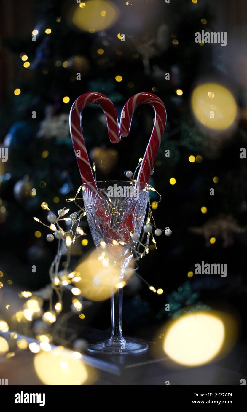 crystal wine glass with red striped heart-shaped lollipops against the background of glowing garlands and bokeh of a festive tree. fun winter holidays Stock Photo