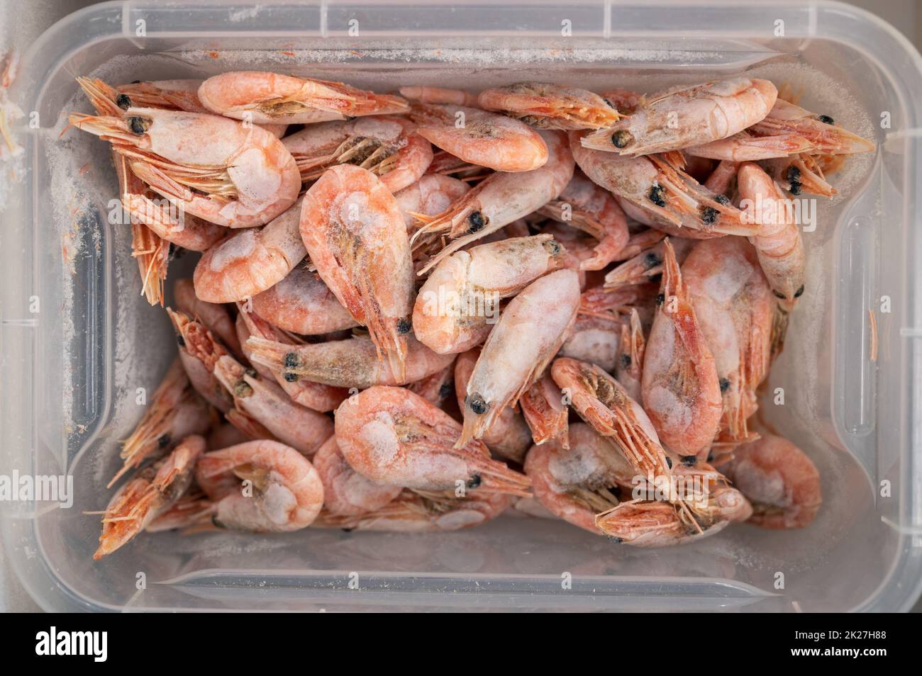 Frozen shrimp in fridge at the fish market Stock Photo Alamy