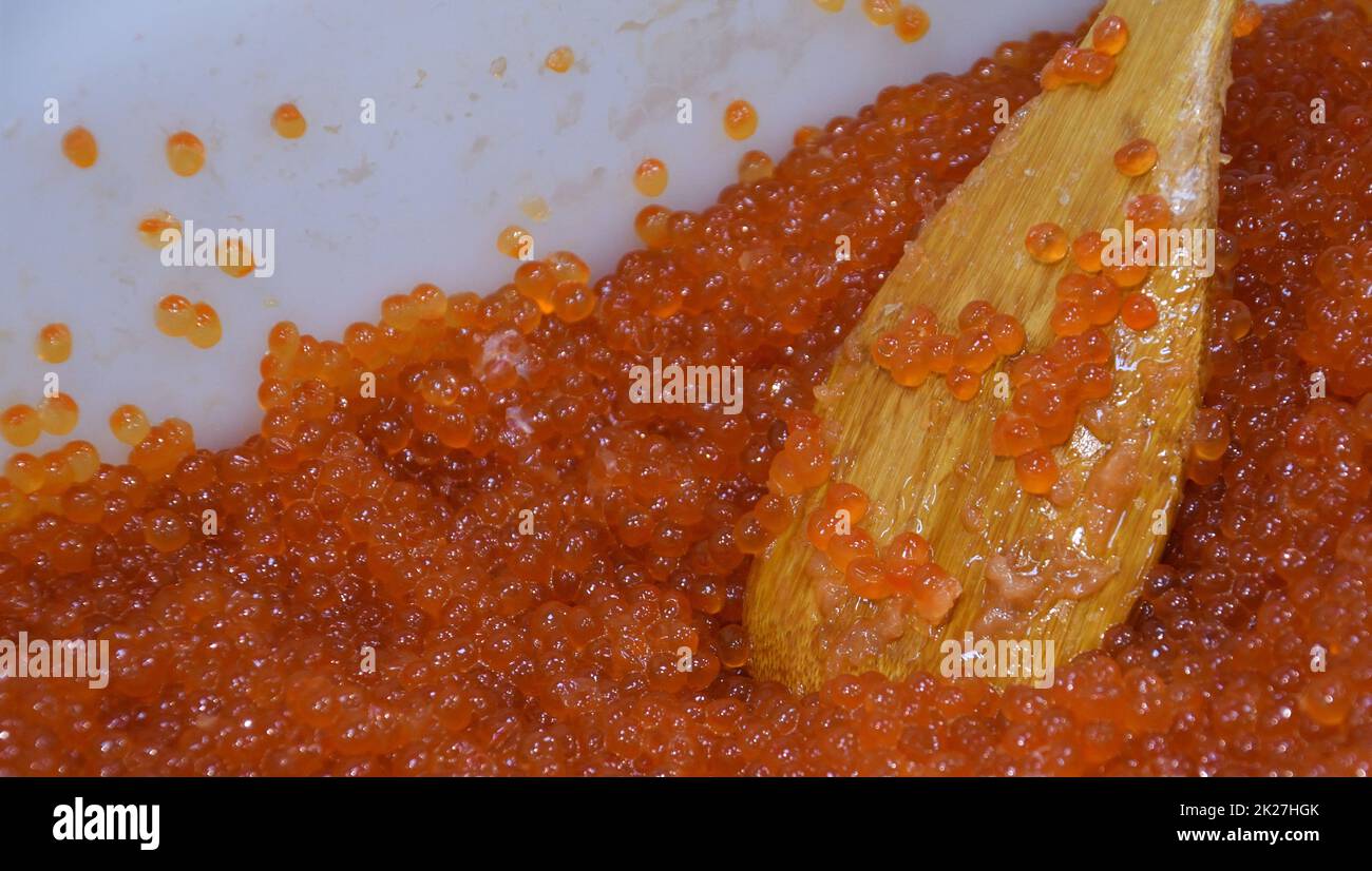Red caviar of wild chinook salmon (Latin. Oncorhynchus tschawytscha