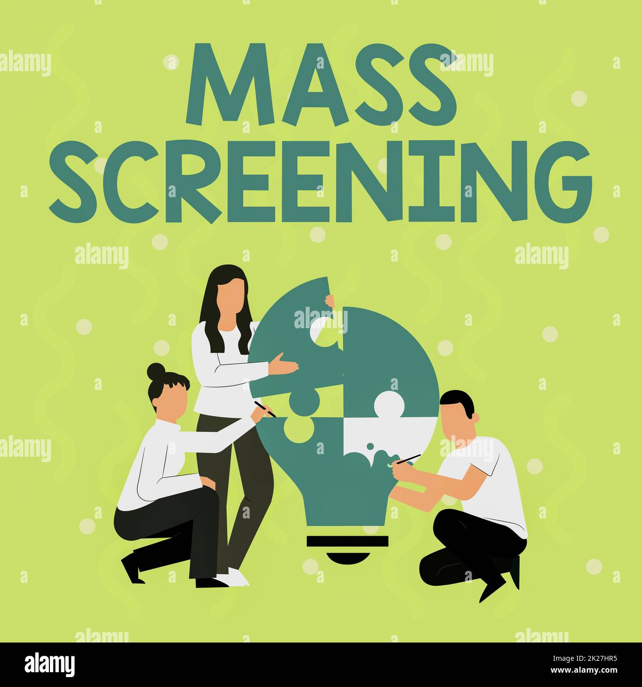 Hand writing sign Mass Screening. Business showcase health evaluation performed at a large amount of population Employee Drawing Helping Each Other Building Light Bulb Jigsaw Puzzle. Stock Photo