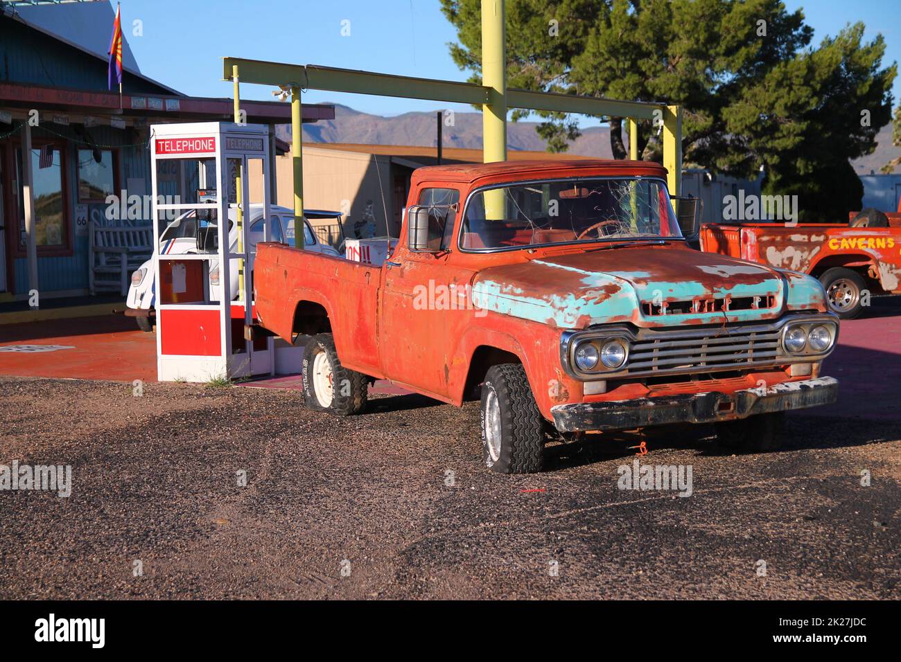 Traditional red truck on the route 66 in Arizona Stock Photo