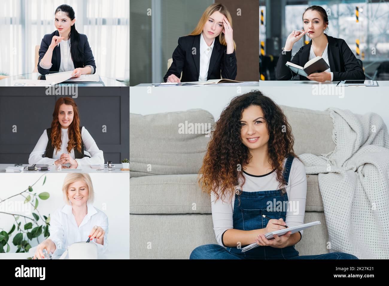 Group video chat. Online interview. Remote cooperation. Screenshot of tired female office workers relaxed freelancers in virtual home office. Stock Photo