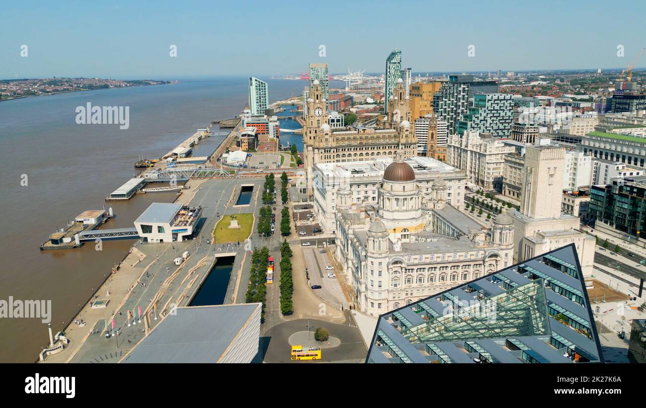 Flight over Pier Head Liverpool - LIVERPOOL, UK - AUGUST 16, 2022 Stock Photo