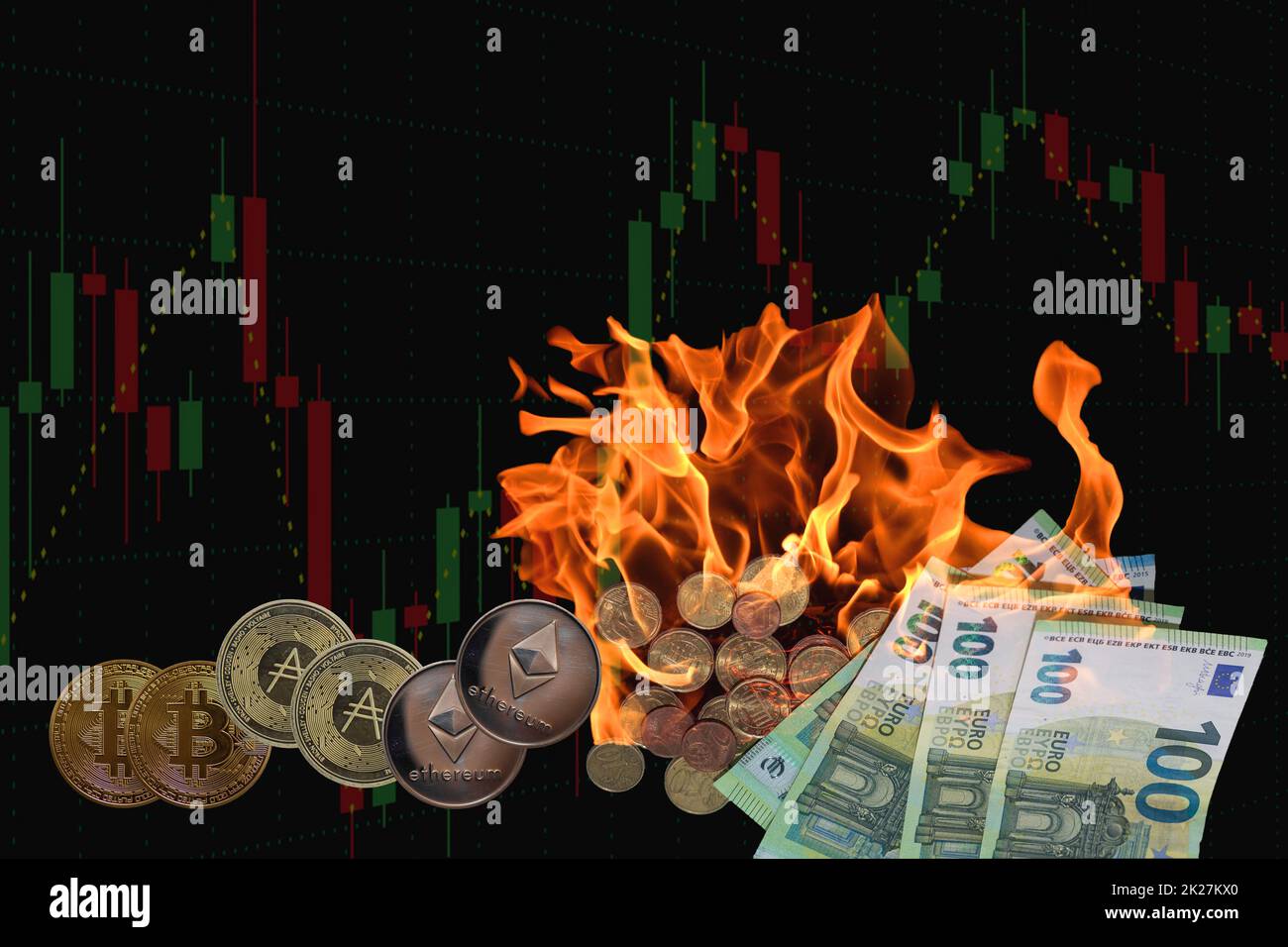 inflation in the world chart from the market with burning euro bills and crypto coins with black Stock Photo