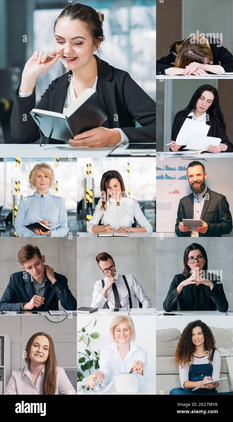 Business teleconference. Video presentation. Distance corporate communication. Collage of female CEO team discussing project online in virtual office Stock Photo