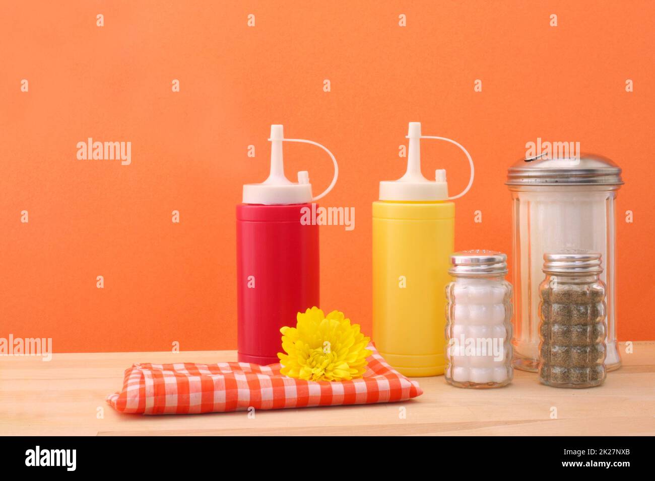 Diner Counter with Ketchup, Mustard, Sugar, Sat, Pepper and napkin