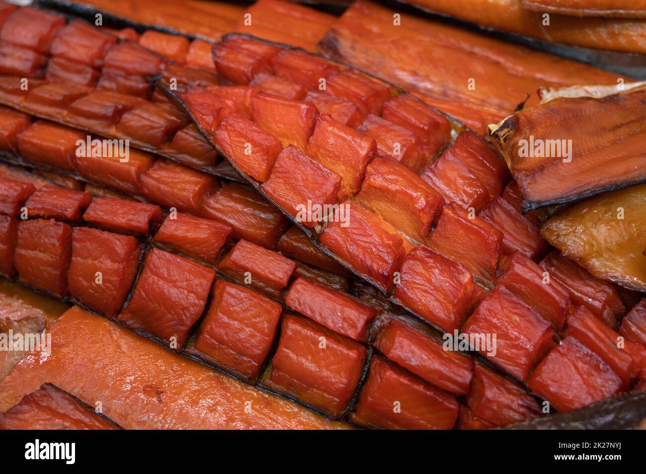 Various smoked fish products Stock Photo