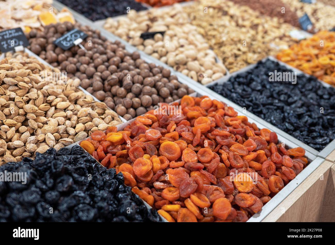Dried fruits and nuts on food market Stock Photo Alamy