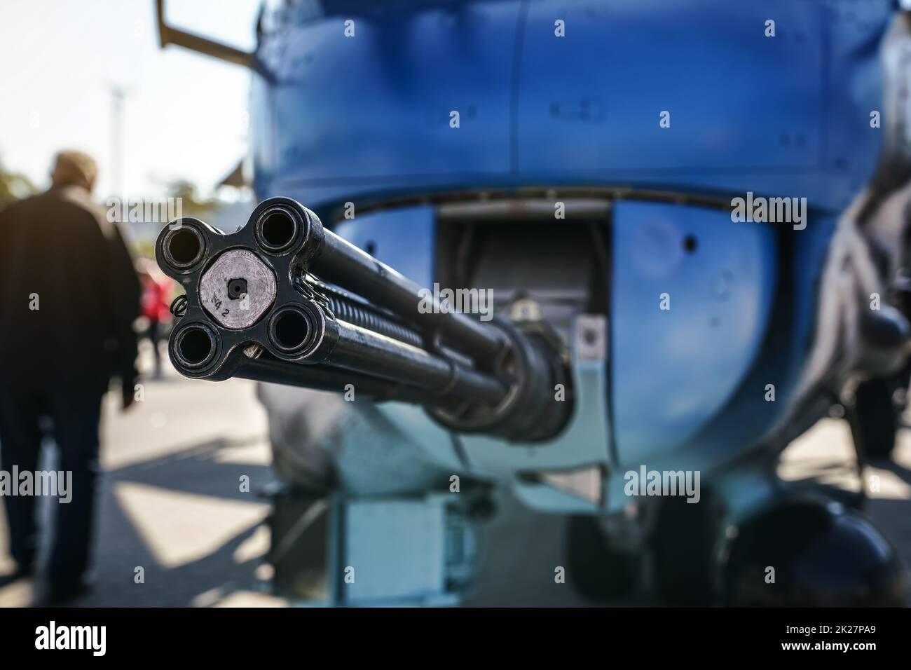 Military combat helicopter front machine gun or cannon, detailed view Stock Photo