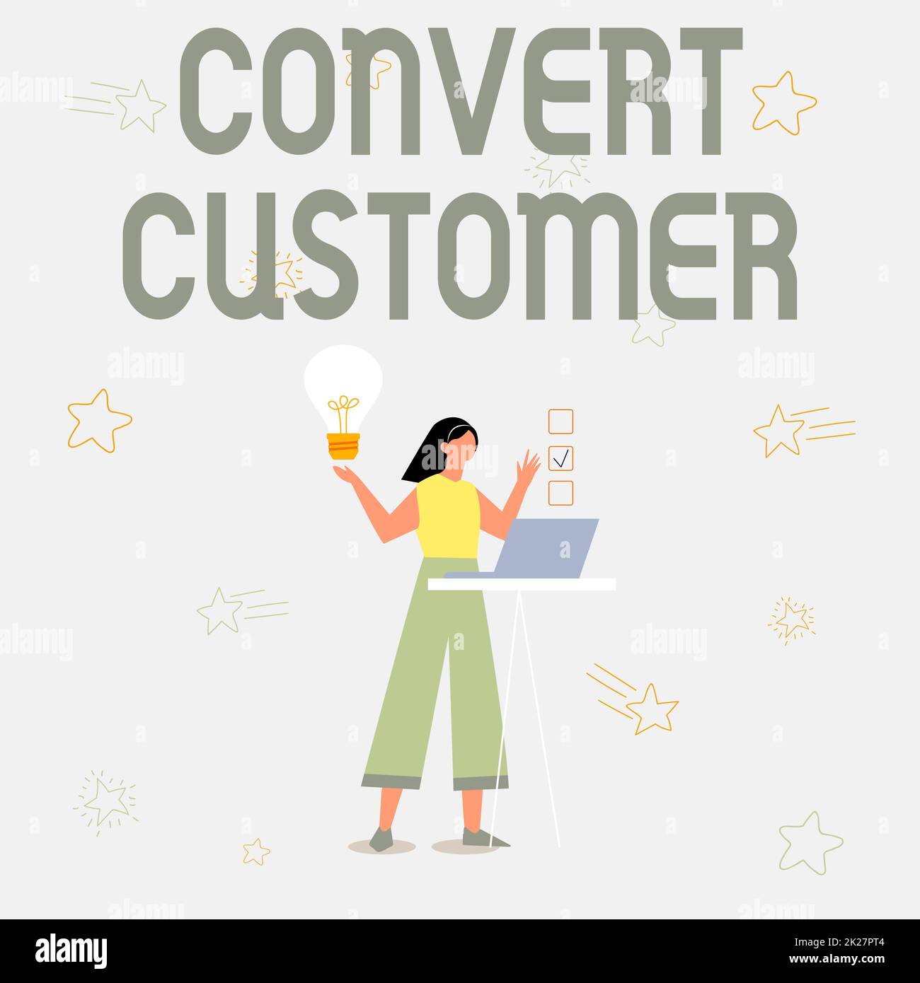 Conceptual display Convert Customer. Business overview marketing tactics and strategy turning leads into buyer Illustration Of Girl Using Laptop Having Ideas And Making Checklist. Stock Photo