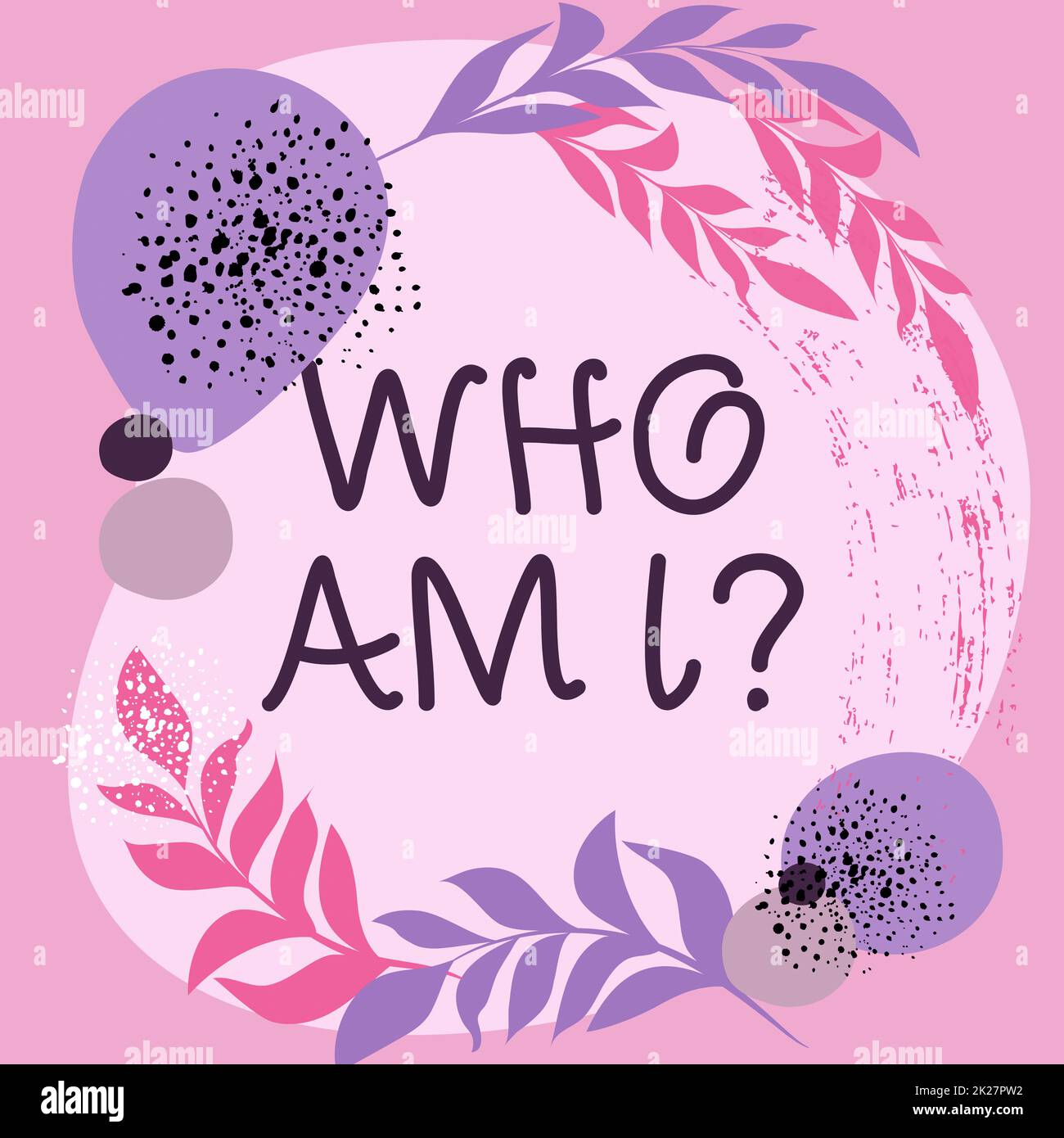 Handwriting text Who Am I Question. Business concept asking about self identity or personal purpose in life Text Frame Surrounded With Assorted Flowers Hearts And Leaves. Stock Photo