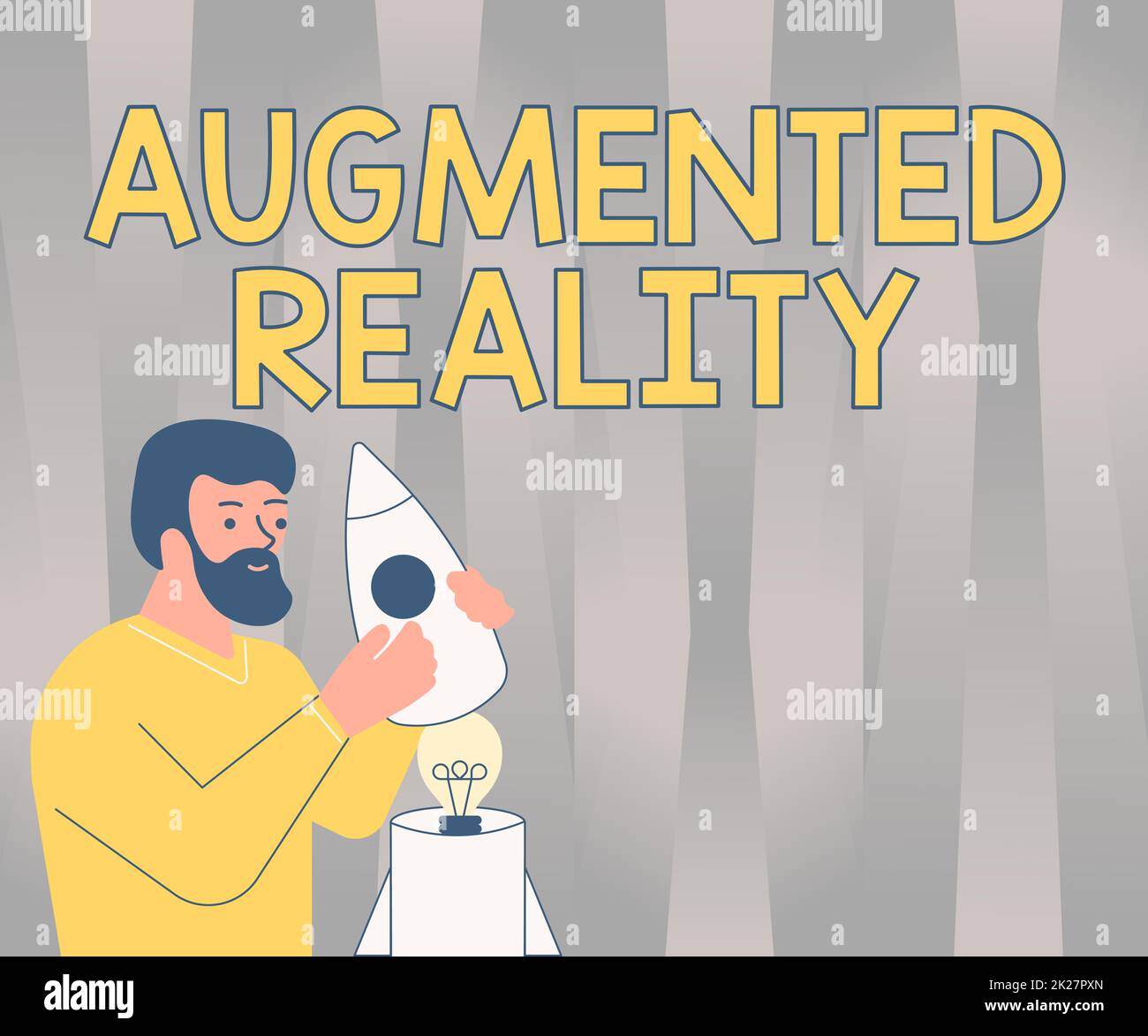 Sign displaying Augmented Reality. Word for technology that imposes computer image on the real world Illsutration Of Man Holding Rocketship Discovered Ideas Inside. Stock Photo