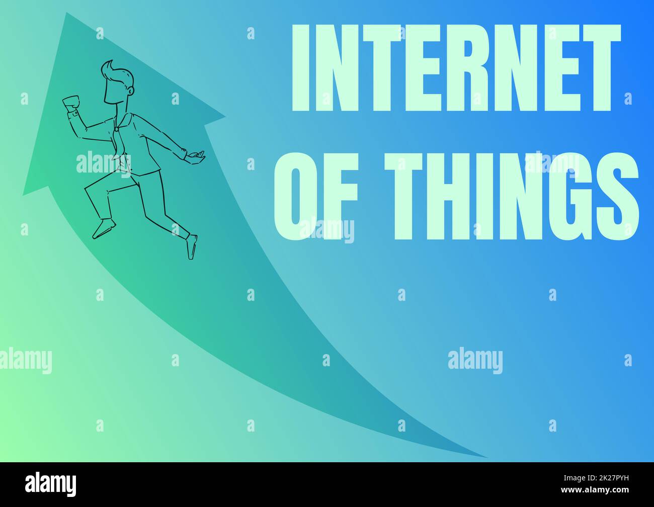 Inspiration showing sign Internet Of Things. Concept meaning network connections innovative manufacturing and smart industry Illustration Of Happy Businessman Running Up With Arrow Got His Promotion. Stock Photo