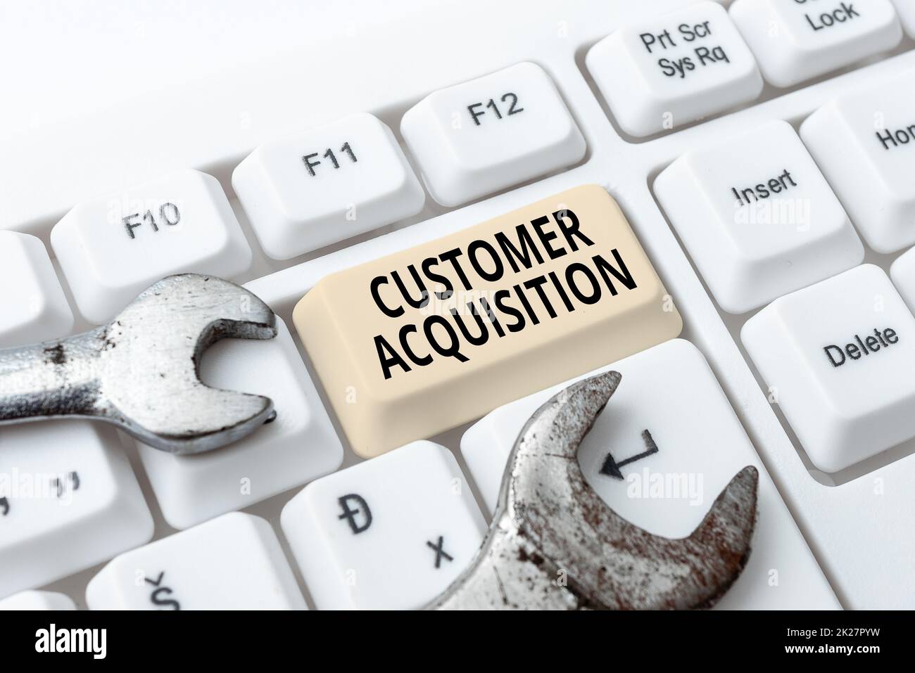 Handwriting text Customer Acquisition. Word Written on it refers to gaining new consumers to the business Formatting And Compiling Online Datas, Abstract Editing Spreadsheet Stock Photo