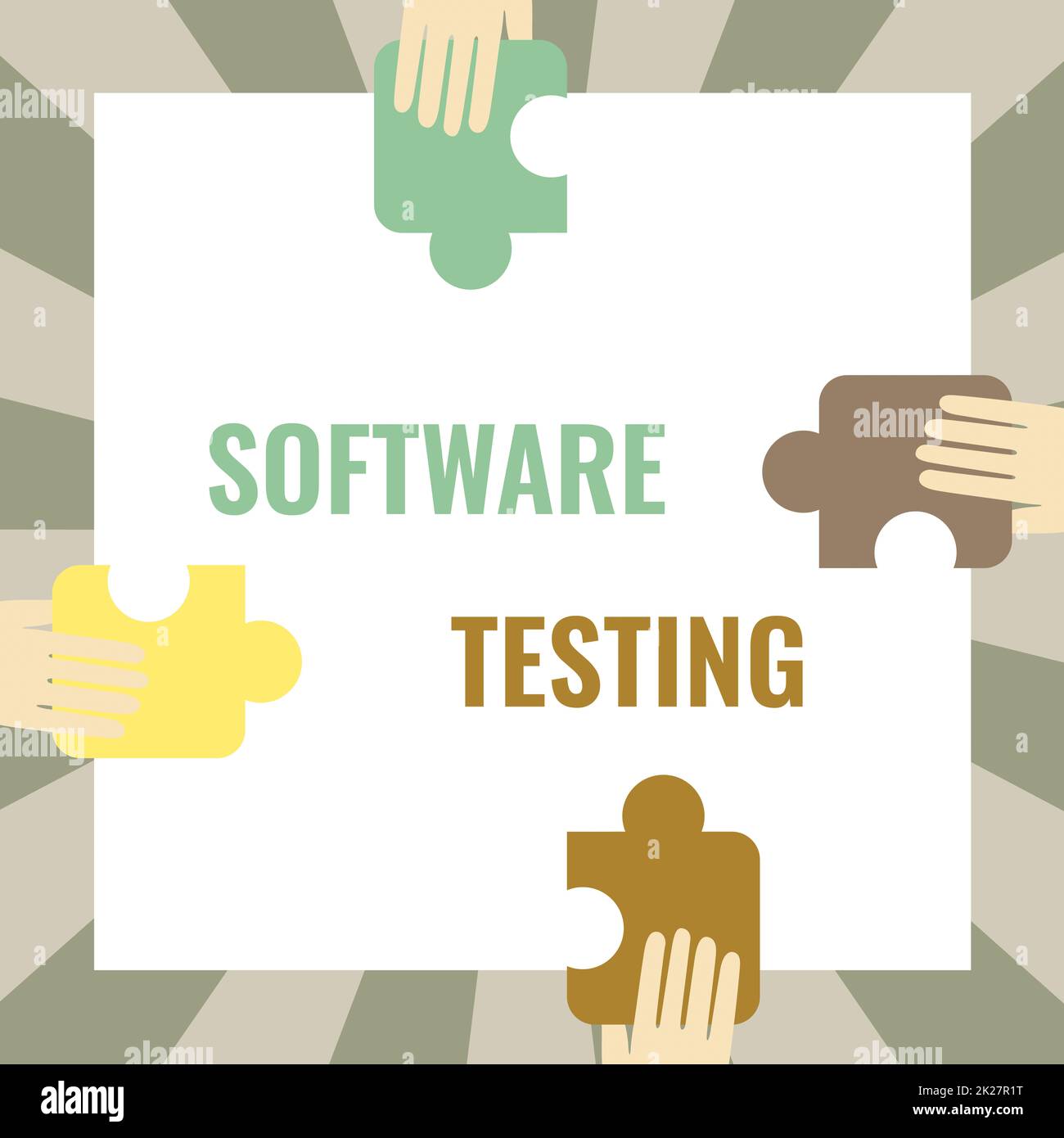 Text sign showing Software Testing. Concept meaning activity to check whether the results match the expected Illustration Of Hands Holding Puzzle Pieces Each Sides Of Box. Stock Photo