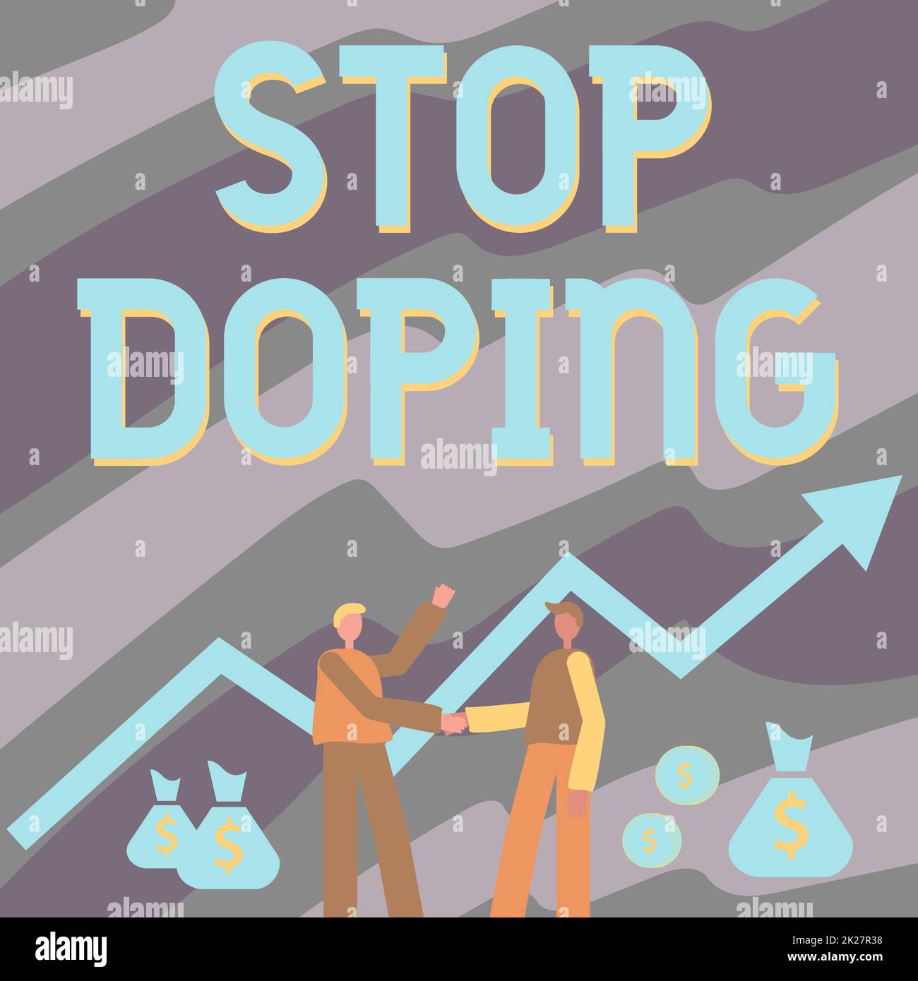 Conceptual display Stop Doping. Word for quit the use of banned athletic performanceenhancing drugs Two Men Standing Shaking Hands With Financial Arrow For Growth And Money Bags. Stock Photo