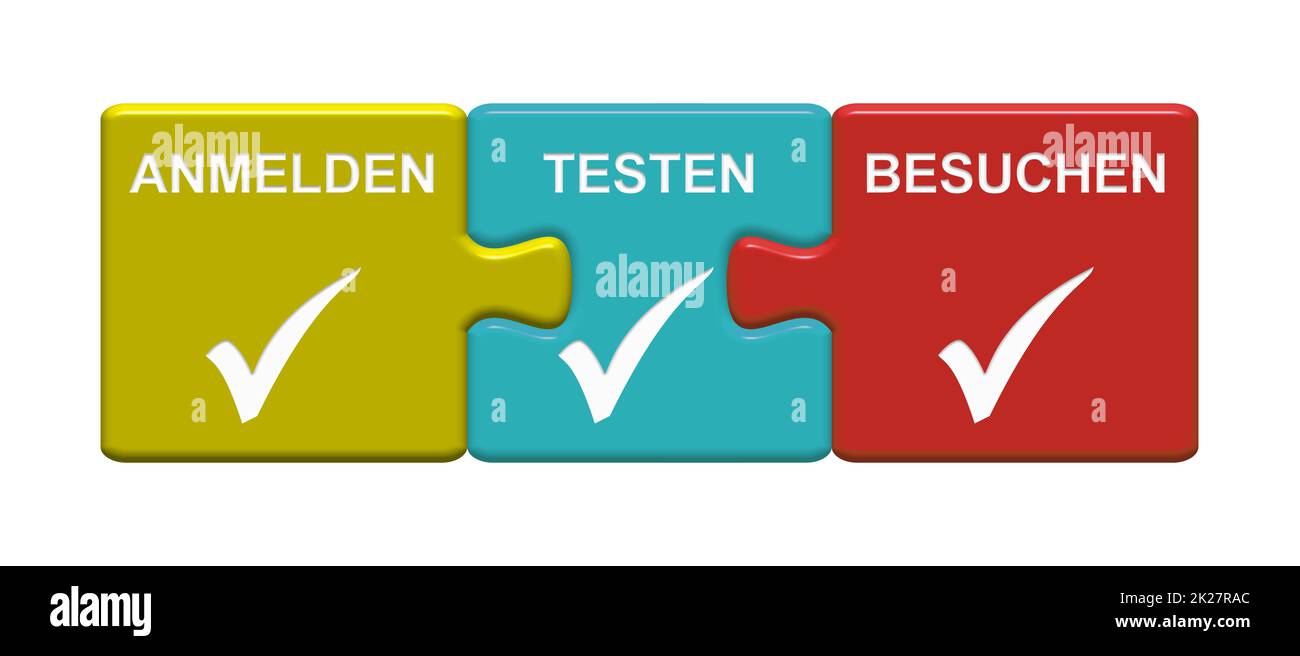 3 puzzle buttons showing register, test, visit german Stock Photo