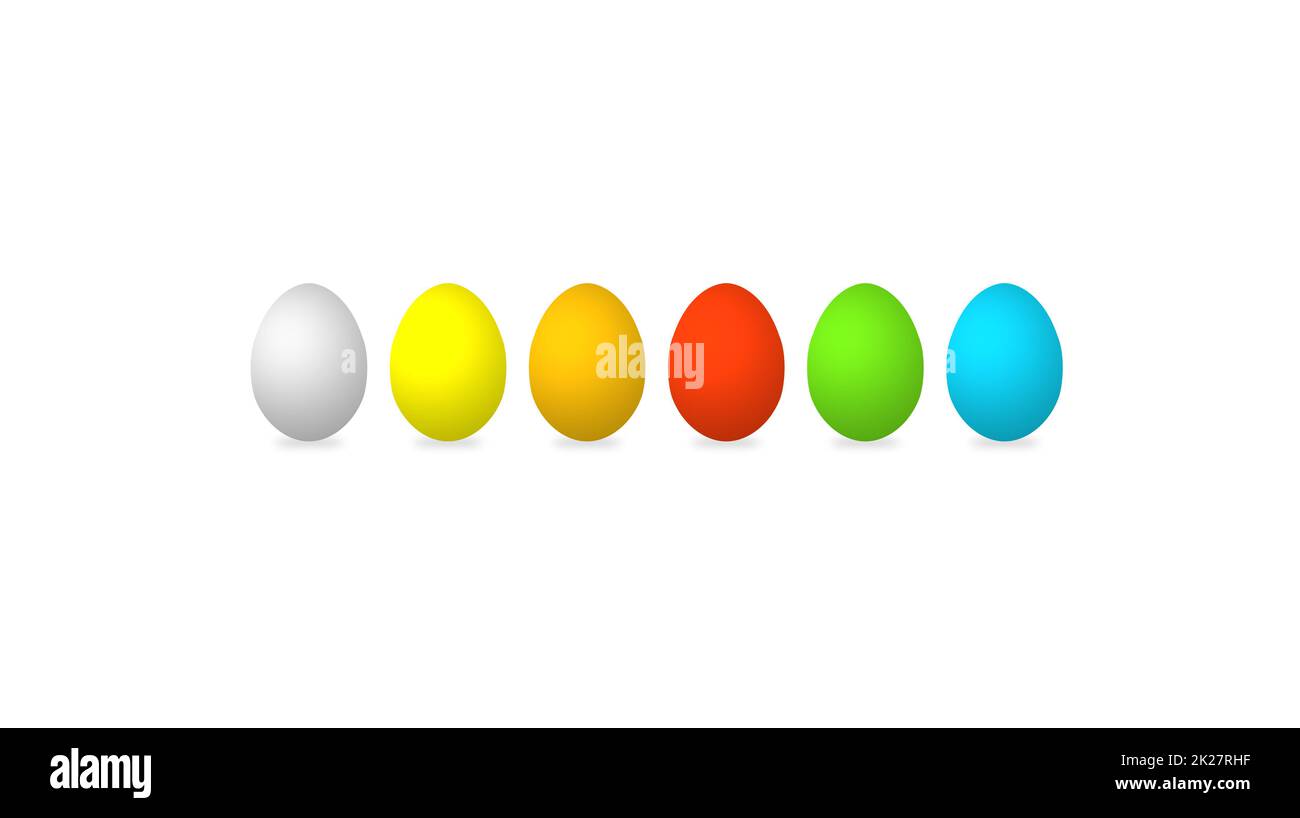 Six colorful easter eggs grey, yellow, orange, red, green and blue Stock Photo