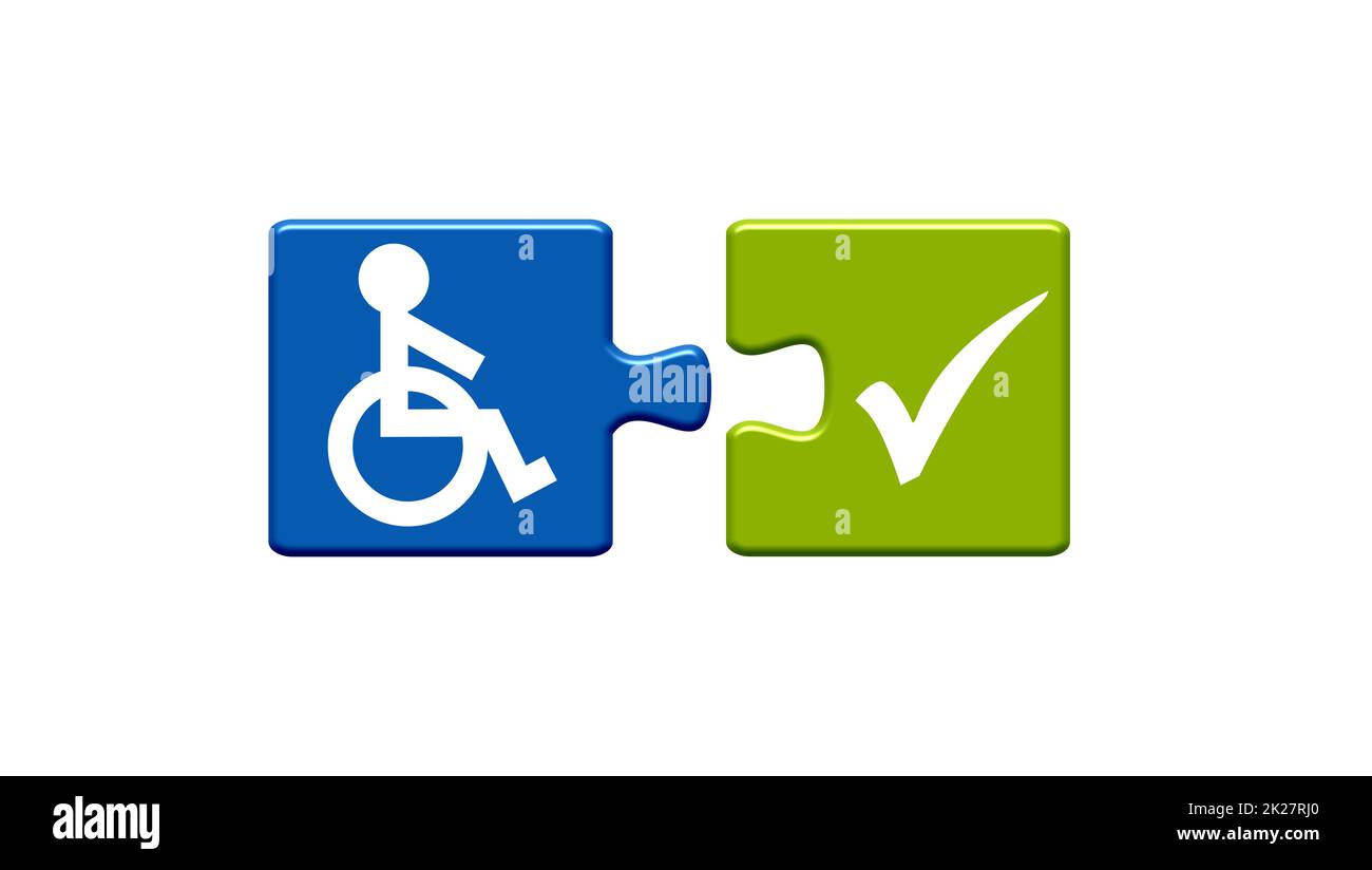 Puzzle pieces blue and green: Wheelchair and checkmark icon Stock Photo