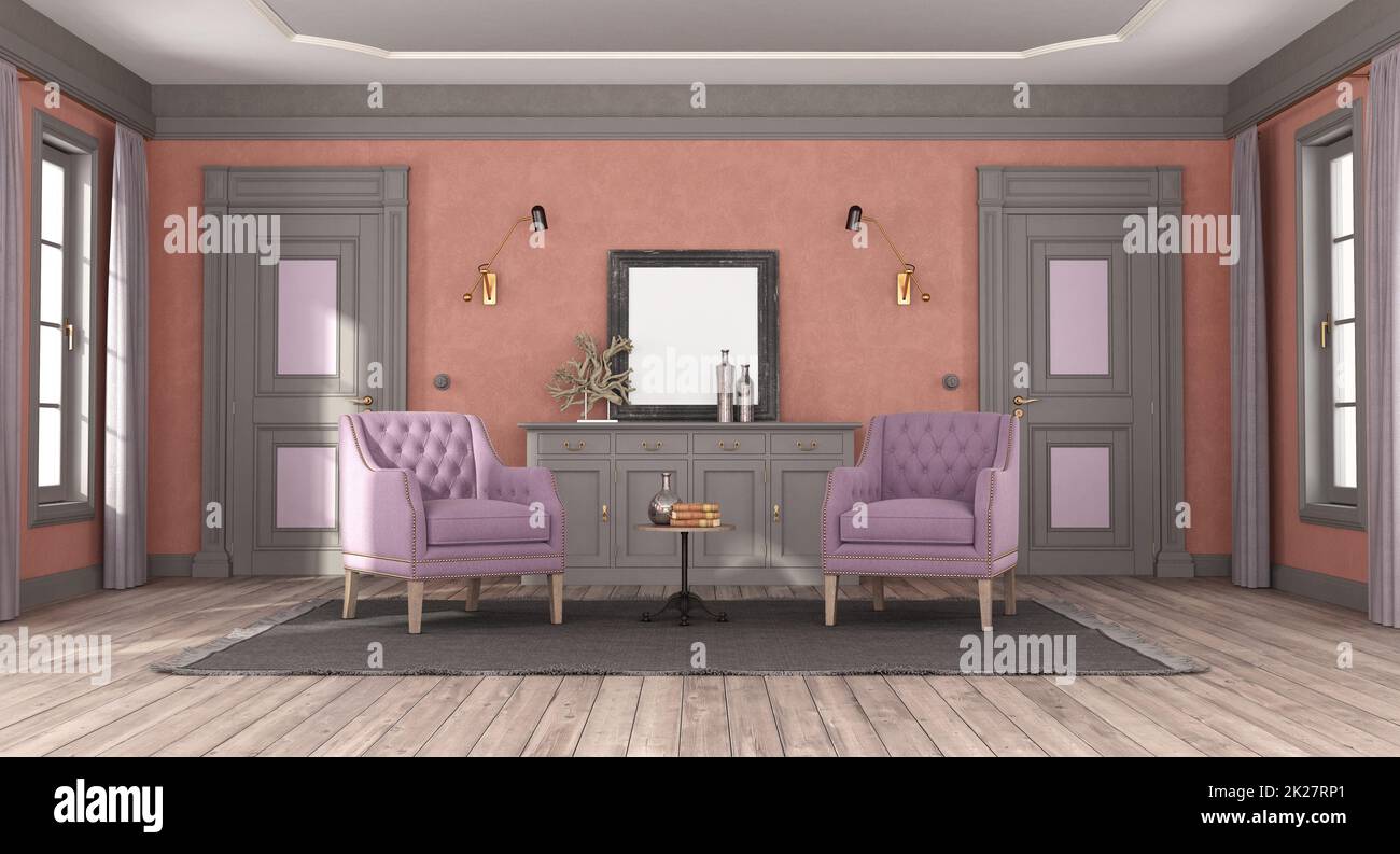 Classic style living room with purple armchair Stock Photo - Alamy