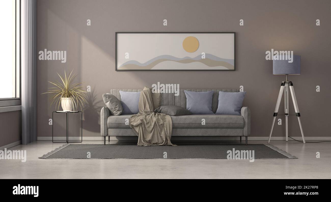 Minimalist living room with elegant gray sofa and purple cushion Stock Photo