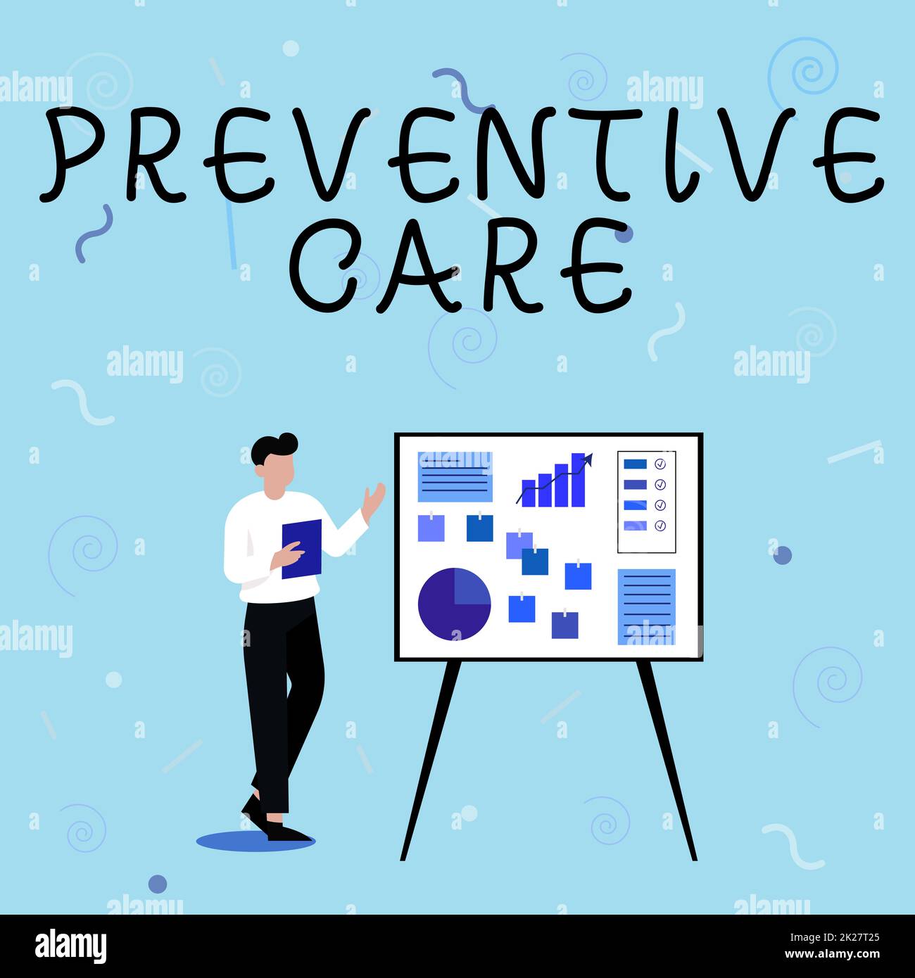 Text showing inspiration Preventive Care. Internet Concept the care you receive to prevent illnesses or diseases Businessman Drawing Standing Presenting Ideas For Their Success. Stock Photo